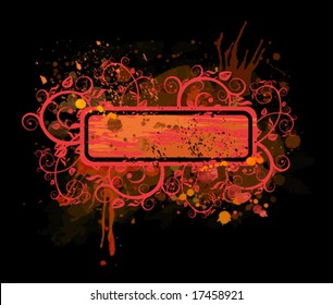 Grunge frame, floral ornament & watercolor background.  Elements on separate layers