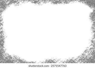 Grunge frame with grainy torn border on white background. Brushed rough textured fade. Old sandy noisy vector halftone template. Abstract stipple dust paper