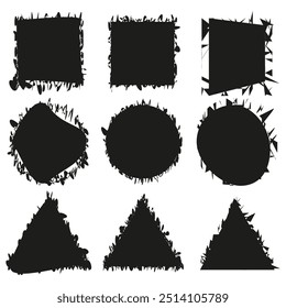 Ícones de moldura do Grunge. Bordas de forma abstratas. Quadros geométricos decorativos. Símbolos de aresta ásperos.