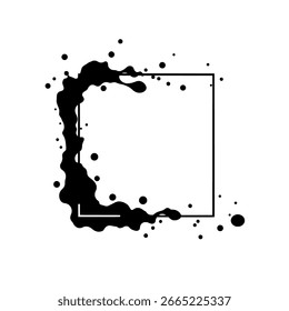 Grunge frame with ink splatter corners, abstract vector border with black paint blot decoration for a modern artistic background design.