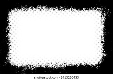 grunge frame on black background vector illustration with halftone dot vintage look, Border template noise rectangular monochrome distressed background for photocopy layout frame texture 
