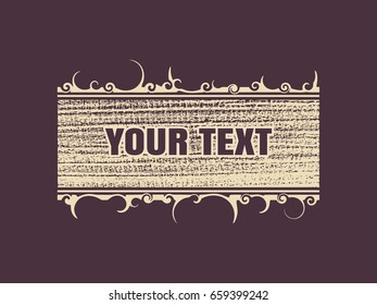 Grunge frame with ornament of lines and curls. Abstract vector template.