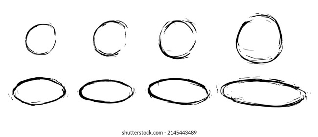 Grunge frame. Paint brush hand drawn oval. Imprint round circle oval spraing border. Splash texture. Vector illustration on a white background.