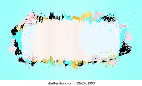 Grunge frame. Place for text. Abstract textures. Paint stains. Ink splash. Splatter. Poster. Banner. Blue. Pink. Golden. Grunge trendy frame. Paint splash. Watercolor. Pastel colors.