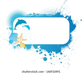 Grunge frame with sea decoration - seashells, starfishes and dolphins