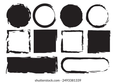 Juego de marcos Grunge. Mano áspera dibujada. Círculo y cuadrado. Formas de Vector.