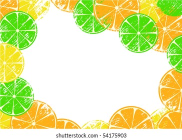 Grunge frame with slices of lemon, orange and lime, vector illustration