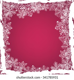 Grunge frame of snowflakes on soft red background. Christmas card. Vector illustration contains gradient meshes.