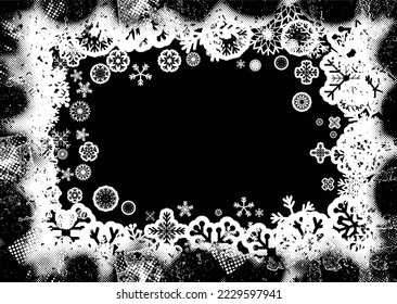 Grunge frame with snowflakes. Useful for social media, banners, Christmas cards, brochures, templates. Overlay texture made with snow flakes and halftone dots. Vector