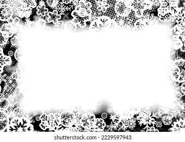 Grunge frame with snowflakes. Useful for social media, banners, Christmas cards, brochures, templates. Overlay texture made with snow flakes and halftone dots. Vector