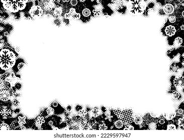 Grunge frame with snowflakes. Useful for social media, banners, Christmas cards, brochures, templates. Overlay texture made with snow flakes and halftone dots. Vector