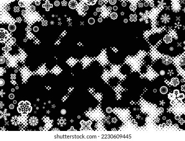 Grunge frame with snowflakes. Useful for social media, banners, Christmas cards, brochures, templates. Overlay texture made with snow flakes and halftone dots. Vector