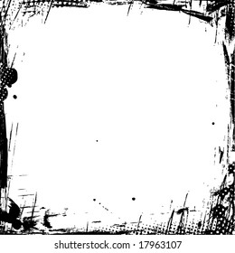 Grunge frame with splats, strokes and halftones.