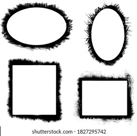 Grunge frame. Spray graffiti stencil template illustration. Grunge frame sticker icon set. Airbrush ink rectangle, round shape banner collection. Vector hand drawn splattered paint framework text box