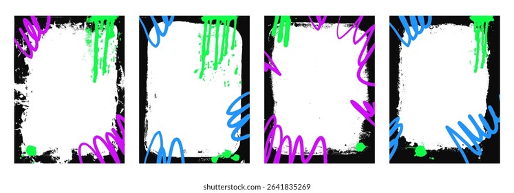 Grunge frame template posters. Graffiti spray art layout background frames. Border with airbrush paint lines. Ink punk decor for photo. Retro texture banners set overlay. Vector hip hop illustration.