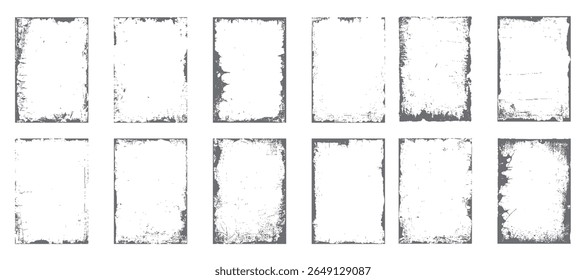 Pacote de vetor de borda de textura de quadro Grunge. Sobreposição de borda branca angustiada definido com vintage design áspero para fundo retro e arte de efeito de foto desgastada.
