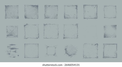 Superposiciones de textura de marco de Grunge establecidas para edición y Diseño gráfico de fotos. Antiguas bordes cuadrados con estilo de borde áspero angustiado. Detalle de alta resolución.
