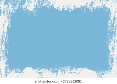 Grunge Frame Textured Background. White Grunge Brush Stroke Border on Blue Backdrop. Big bold rough paintbrush stroke overlay. Vector dirty paint smear frame banner.
