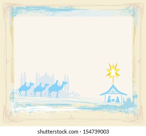 grunge frame with  traditional Christian Christmas Nativity scene with the three wise men 