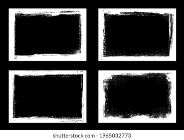 Grunge frames and borders, black and white halftone vector background. Grunge frame with rough texture edges, brush paint strokes and scratches, white dirt, splatter and chalk splash pattern