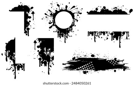 Grunge Frames, Borders, Textured Elements, Black Paints Blots, Ink Splashes, Black, Vector Illustration