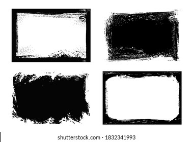 Grunge Frames Isolated Vector Black Rectangular Borders With Rough Scratched Edges. Grungy Vintage Old Texture, Dirty Spatter Vignettes, Retro Design Elements Or Photo Frames On White Background Set