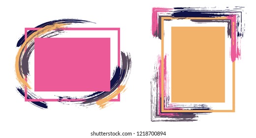 Grunge frames with paint brush strokes vector set. Box borders with painted brushstrokes backgrounds. Advertising graphics design empty frame templates for banners, flyers, posters, cards.