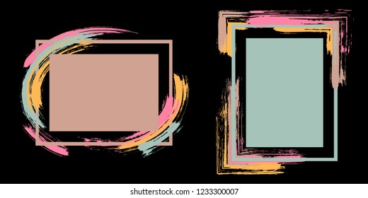 Grunge frames with paint brush strokes vector collection. Box borders with painted brushstrokes on black. Educational graphics design flat frame templates for banners, flyers, posters, cards.
