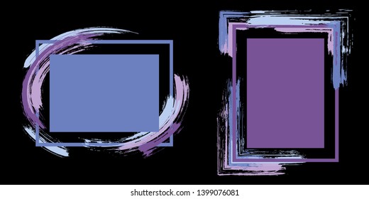 Grunge frames with paint brush strokes vector set. Box borders with painted brushstrokes on black. Advertising graphics design empty frame templates for banners, flyers, posters, cards.