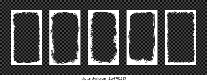 Grunge frames for photo collage, stories and social network media. Template with brush stroke. Rectangular border with grunge overlay. Set of vector illustrations isolated on transparent background.