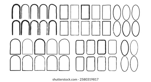 Grunge frames set. Ellipse, rectangle and arch shapes modern black. Vector hand drawn collection illustration isolated on white background.