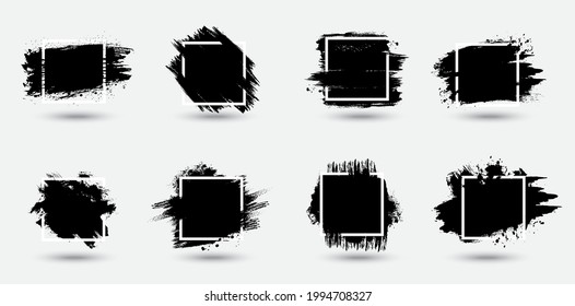 Grunge frames set, paint strokes texture vector backgrounds. Black ink, spatters, brushstrokes and stains, mud smudges, dirty traces and smears. Square grungy frame with dirty, rough sides