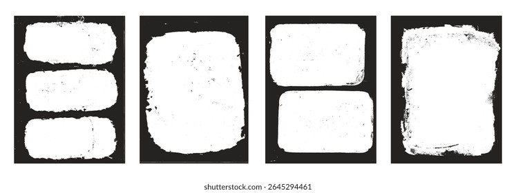 Os quadros do Grunge definem modelos. Borda de tinta com bordas ásperas para cartaz e banner. Sobreposições texturizadas retrô. Fundo retangular preto abstrato panfleto. Ilustração de design de vetor.