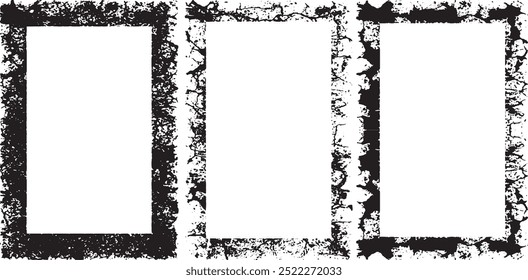 grunge frames set , three white vertical banners with black borders, a square frame with black and white grunge effect paint set