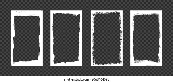 Grunge frames for stories and social network media 9 16. Template with brush stroke. Rectangular border with grunge overlay. Set of vector illustrations isolated on transparent background.