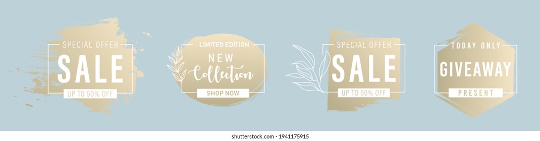 Grunge frames with text sale,new collection,super big finale special offer.Spring floral blue background with grunge gold patina.Border for banner,flyer,social media.Vector template poster discount