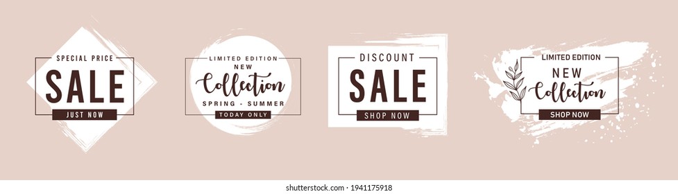Grunge frames with text sale,new collection,super big finale special offer.Spring floral pink border background with scuffs white.Border for banner,flyer,social media.Vector template poster discount