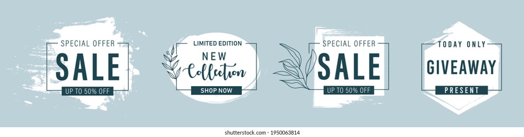 Marcos con venta de texto,nueva colección,oferta especial de final super grande.Fondo azul floral primavera con pátina dorada gruesa.Borde para banner,volante,medios sociales.Descuento de póster de plantilla de vectores