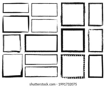 Grunge frames. Textured square and rectangle borders. Dirty grungy black photo frame texture, rough ink brush stroke border vector set. Empty template elements for picture collection