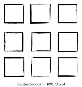 Grunge frames vector set, black square shape borders with scratched rough edges. Grungy old texture, dirty weathered vignettes or photo frames, decorative design elements isolated on white background