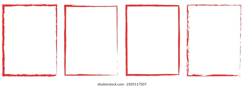 Grunge frames vector set, red square shape borders with scratched rough edges. Grungy old texture, dirty weathered vignettes or photo frames, decorative design elements isolated on white background