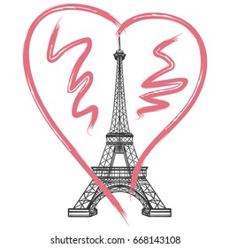 Grunge France poster. Vector hand drawn heart and Eiffel tower