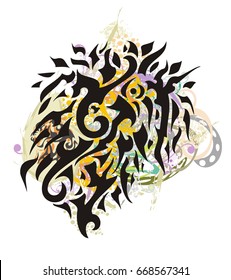 Grunge freakish tribal dragon head. The unusual head of a black dragon against the background of colorful splashes