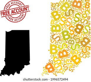 Grunge Free Account seal, and currency mosaic map of Indiana State. Red round seal includes Free Account text inside circle. Map of Indiana State mosaic is done of currency, funding,