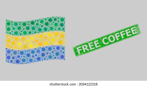 Grunge Free Coffee and mosaic waving Gabon flag constructed with sun items. Green stamp includes Free Coffee text inside rectangle.