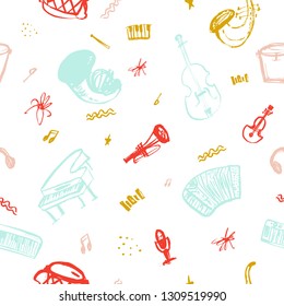 Grunge freehand Jazz Music seamless pattern. Hand drawn illustration with brush strokes for festival.