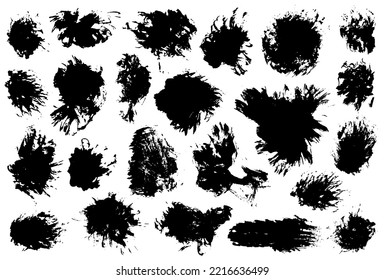 Grunge freehand stains black paint stickers vector collections. Ink scratch splashes, brush stroke dirty freehand stains, paint messy smear blobs, spot design elements set. Dye watercolor stickers