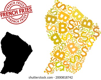 Grunge French Fries stamp seal, and finance collage map of French Guiana. Red round stamp seal has French Fries text inside circle. Map of French Guiana collage is created from finance, dollar,