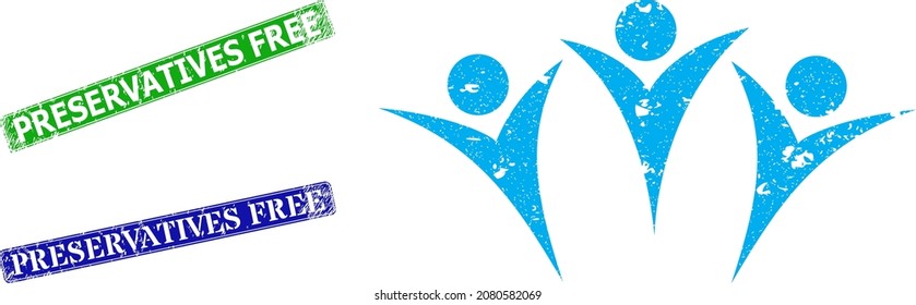 Grunge friends icon and rectangular rubber Preservatives Free stamp. Vector green Preservatives Free and blue Preservatives Free watermarks with unclean rubber texture,