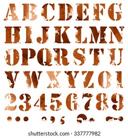 Grunge full alphabet and numbers in brown coffee colors isolated on white. Stamp stencil letters. Vector font.